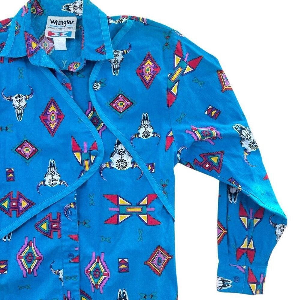 Vintage Wrangler Funky Bold Western Rodeo Aztec Print Shirt Size Medium Native - Picture 2 of 9